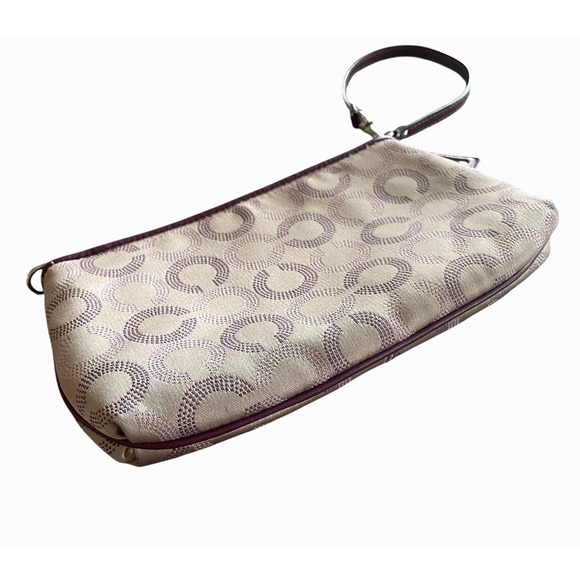 COACH Dotted Op Art Khaki Canvas Plum Purple Leather Large Wristlet + Bag Charm - Picture 5 of 6